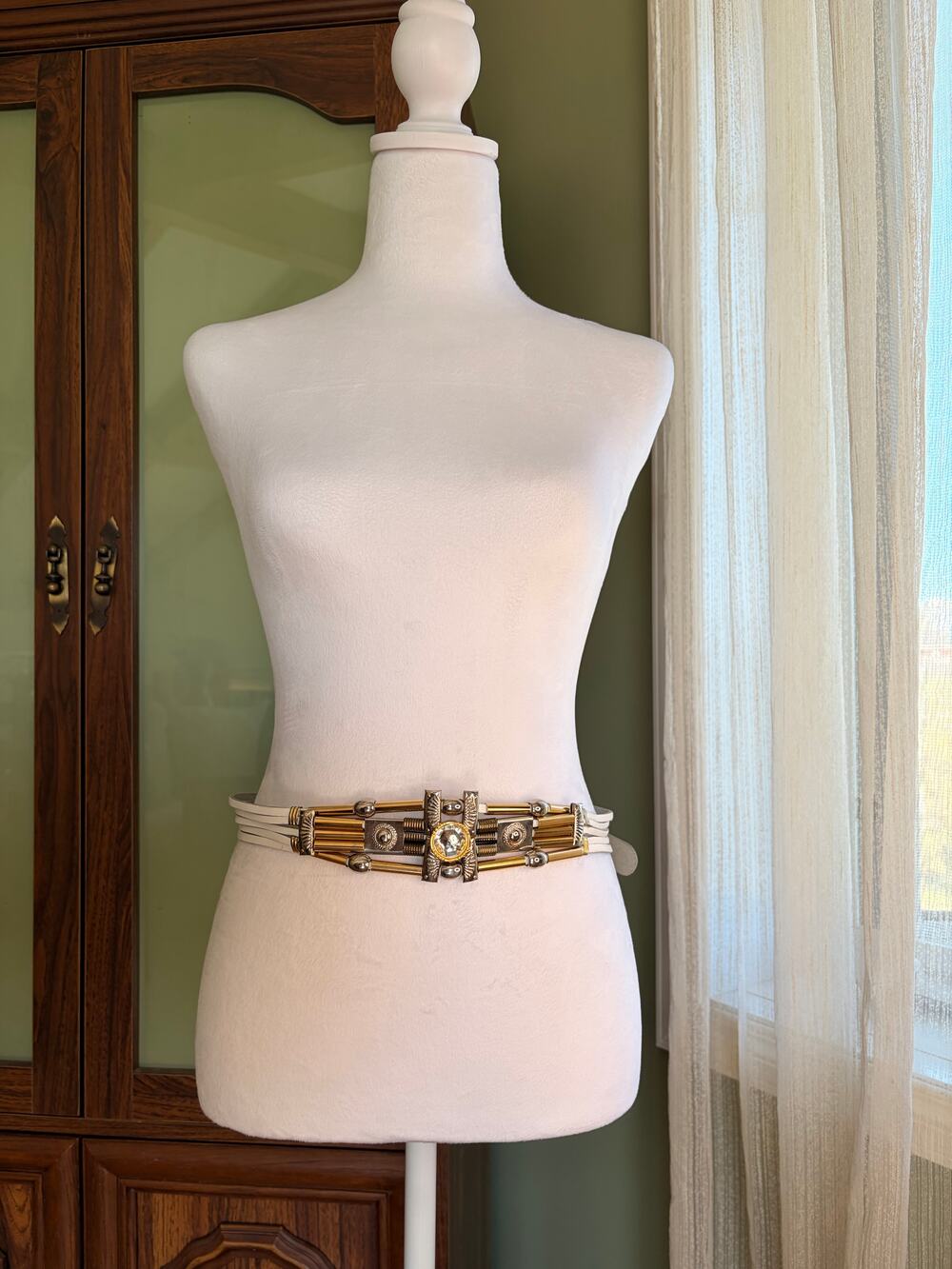 Vintage 80s 90s White Strand Belt Rhinestone Futuristic Crystal Gold Silver Stat